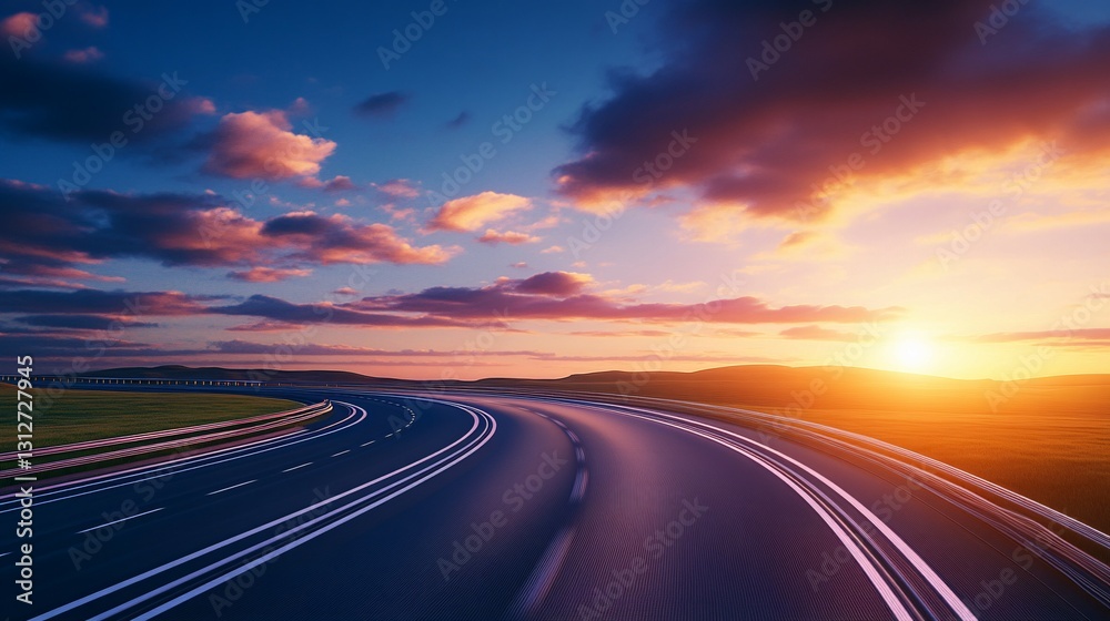 Naklejka premium A curving road leads toward a vibrant sunset in the sky