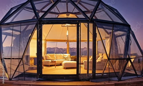 A modern geodesic dome glamping structure illuminated from within amidst a mountainous landscape at dusk.