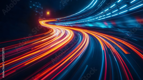 Abstract Light Trails of Speed and Motion on a Winding Road at Night