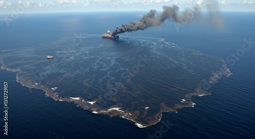 Deepwater Horizon Oil Spill: Environmental Catastrophe - Oil slick, burning rig, environmental damage, marine pollution, ecological disaster. Symbolizing devastation, pollution, climate change