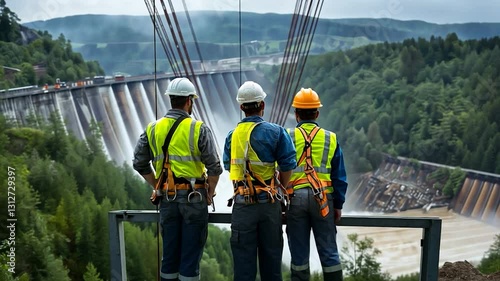 Workers in safety gear observe a dam releasing water, surrounded by lush green hills and cloudy skies