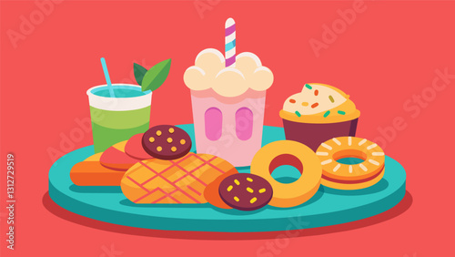 Satisfy your sweet tooth with this street foodinspired platter featuring sticky rice cakes fluffy funnel cakes and aromatic churros.. Vector illustration