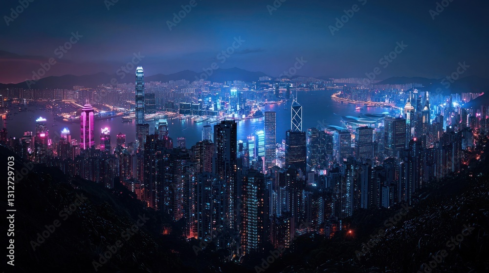 Fototapeta premium Night Lights of Hong Kong: A Cityscape of Dreams