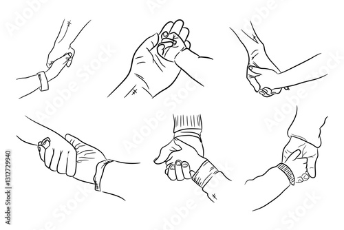 Child and parent hands hold each other hand drawn line sketch collection vector icon illustration