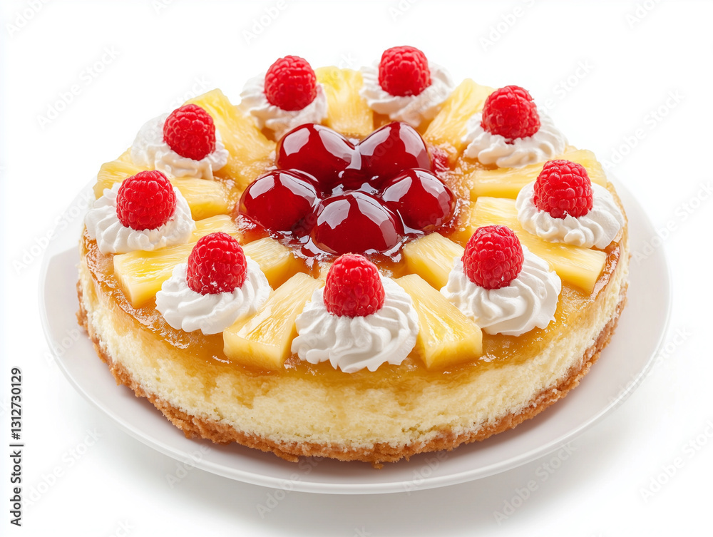 Realistic view of Upside-Down Pineapple Cake, white background, photorealistic food Realistic view of Upside-Down Pineapple Cake, white background, photorealistic food