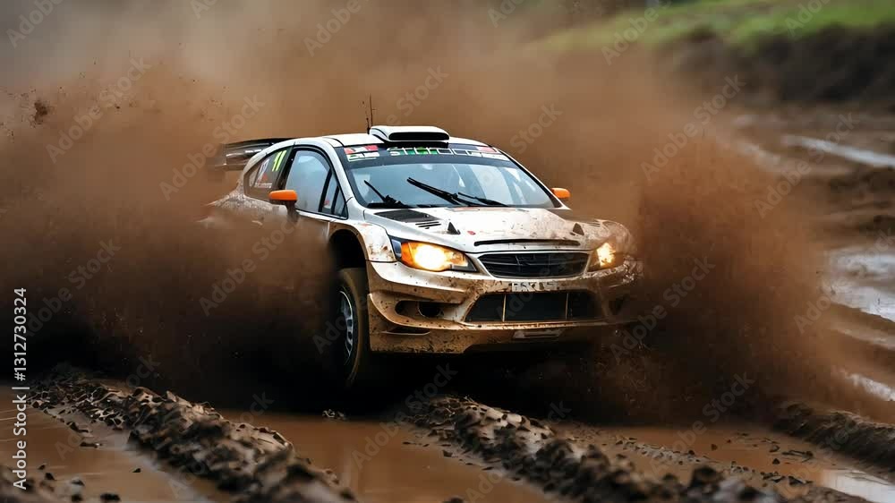 Rally car drifting through dirt and kicking up dust during an extreme motorsport race

