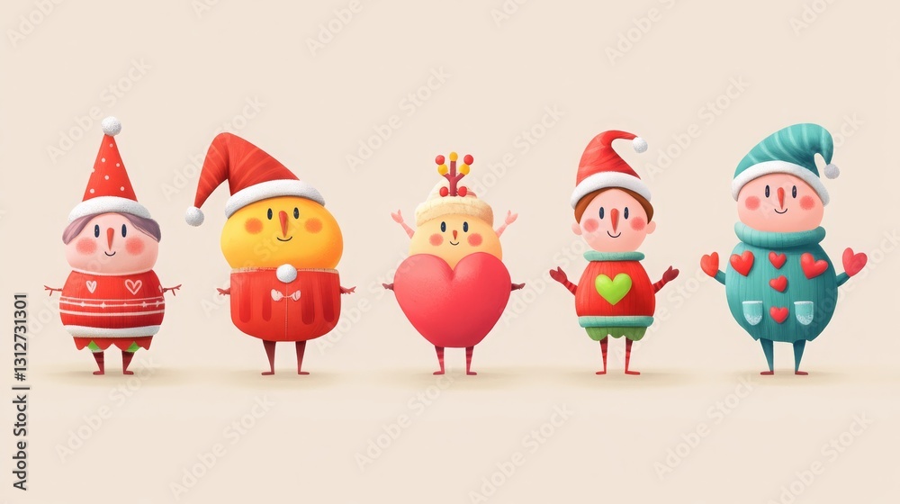 Fototapeta premium Christmas and New Year cartoon characters in retro groovy style, featuring hearts in fun outfits.