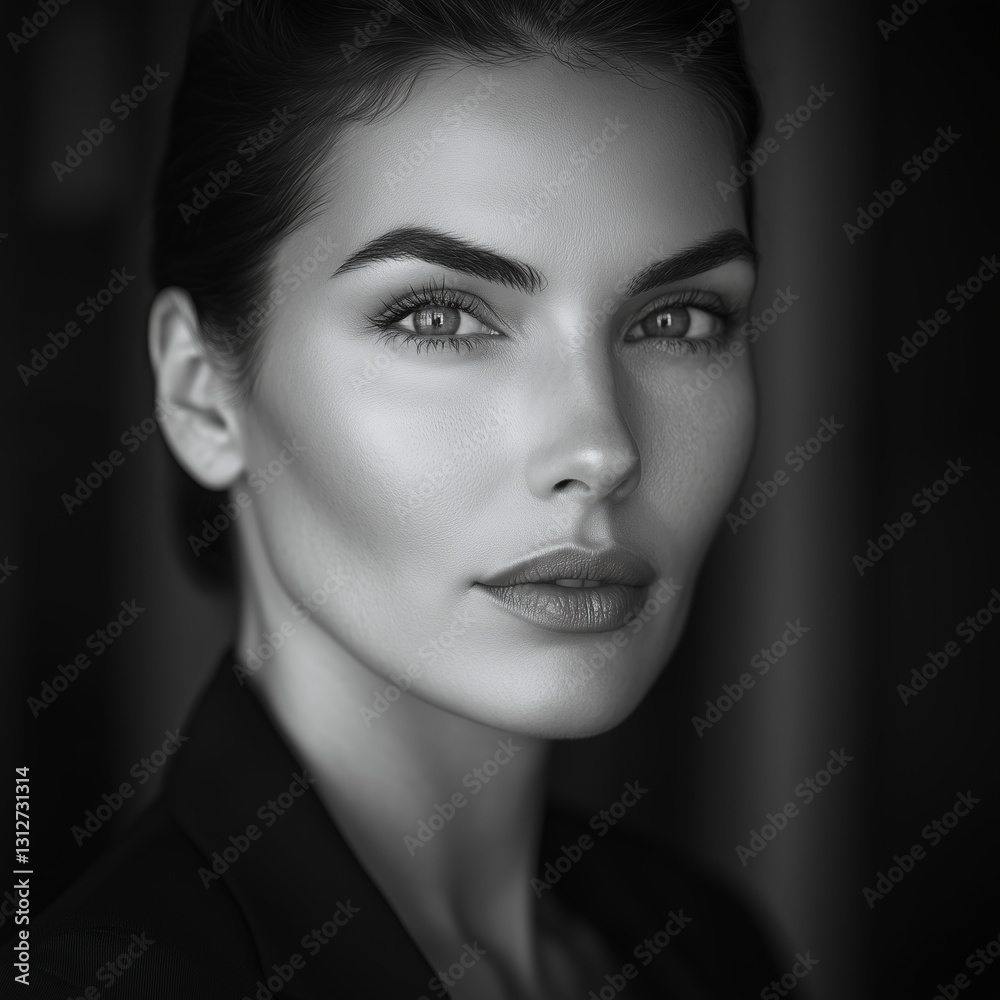 Fototapeta premium Black and white close-up portrait of a woman with piercing eyes and dramatic lighting, exuding timeless beauty and elegance.
