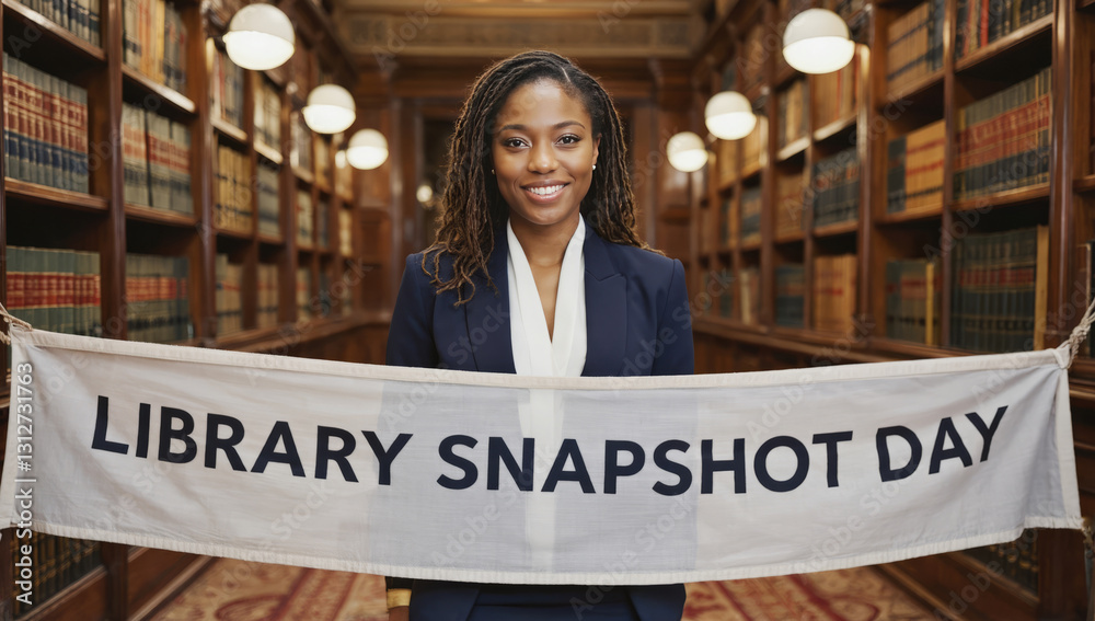 custom made wallpaper toronto digitalSmiling friendly woman in business suit holding banner with "LIBRARY SNAPSHOT DAY" on background of shelves with books in library. Concept of importance of libraries, celebration in academic setting