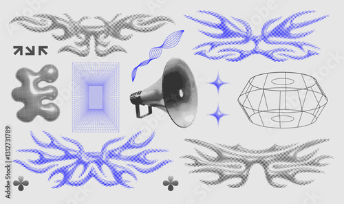 Neo tribal or cybersigilsm design set 3d halftine shape collection for graphic design or tattoo etc. Neo brutalism vector elements set
