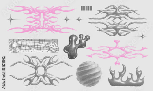 3s dotted halftone Brutalism stickers set, y2k Neo-tribal gangsta street elements collection. Chrome street elements, forms, objects, shapes from 00s, 90s, 80s. Trendy vector design for t-shirt, merch