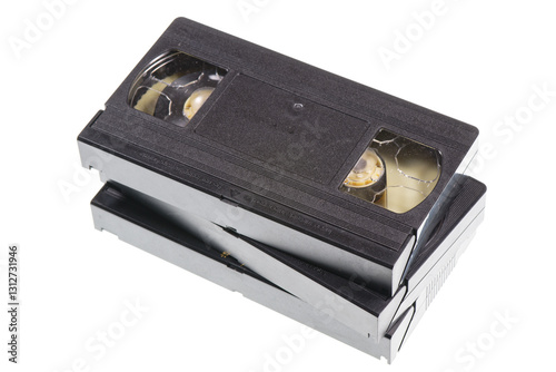 A stack of vintage VHS tapes isolated on white background