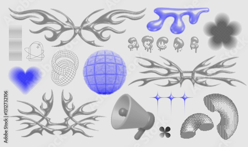 Brutalism Neo-tribal street elements set. 3d dotted halftone, grid, bitmap street elements, forms, objects, shapes from 00s, 90s, 80s. Street graphic box. Trendy Acid, y2k shapes for merch. Vector