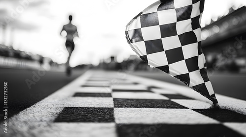Runner Crossing the Finish Line with Checkered Flag in Black and White