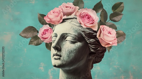 Female statue head with pink roses in a surreal, modern art collage. 