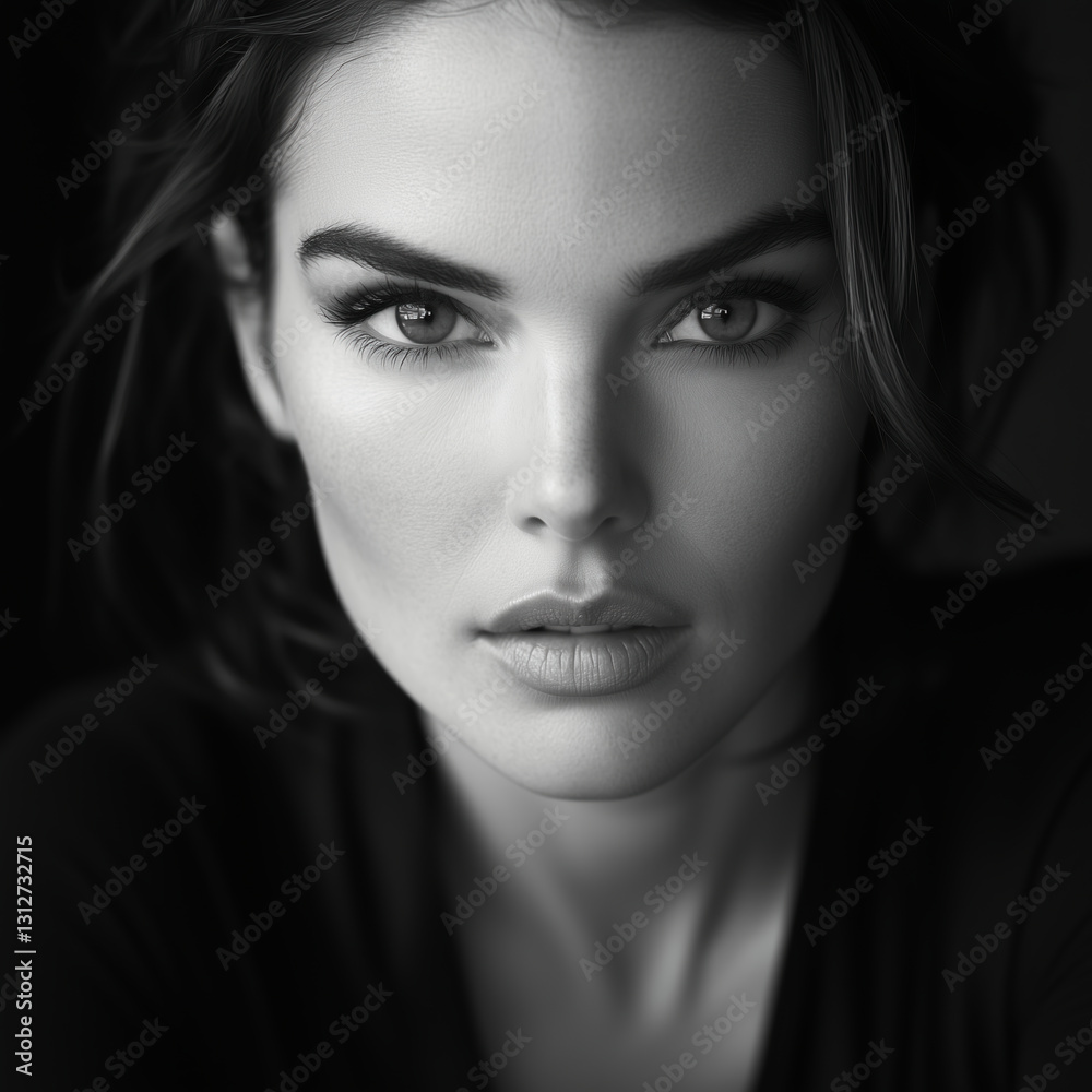 Fototapeta premium Black and white portrait of a woman with deep eyes and soft lighting, highlighting natural beauty and elegance in a timeless aesthetic.
