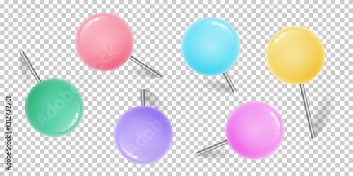 Colorful push pin set in different angles. Realistic Pushpin for paper notes. Thumbtack with shadow on transparent Background. Ideal for business, education, organization, planning concepts