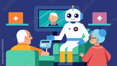 During a demonstration in a nursing home a care robot plays a movie for a group of seniors adjusting the volume subtitles and lighting according to each persons preferences.. Vector illustration
