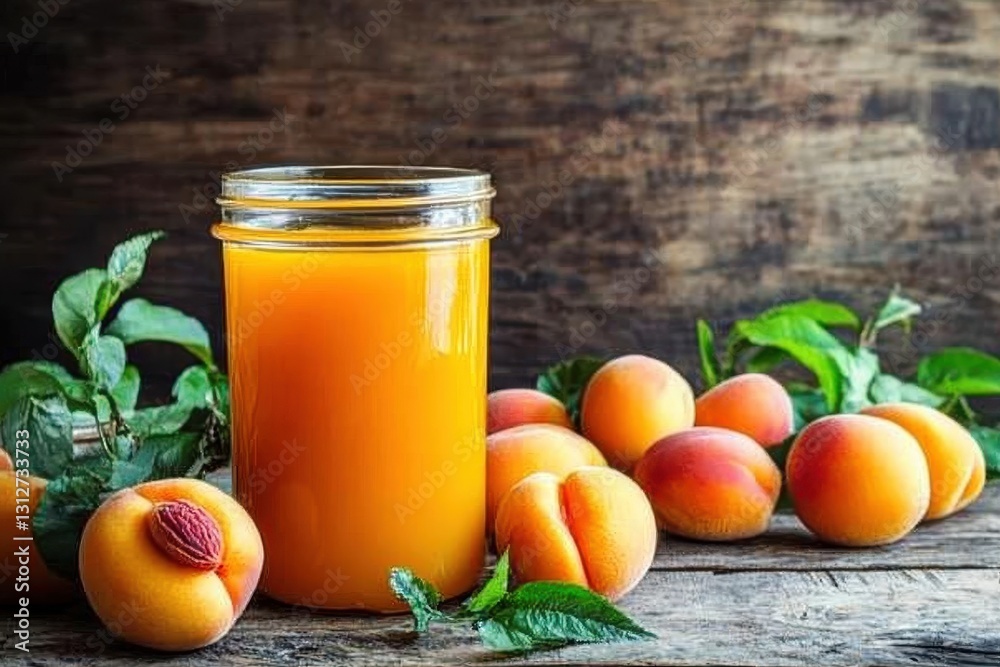 Bright apricot juice refreshes the rustic table, surrounded by vibrant apricots and fresh greenery. Generative AI