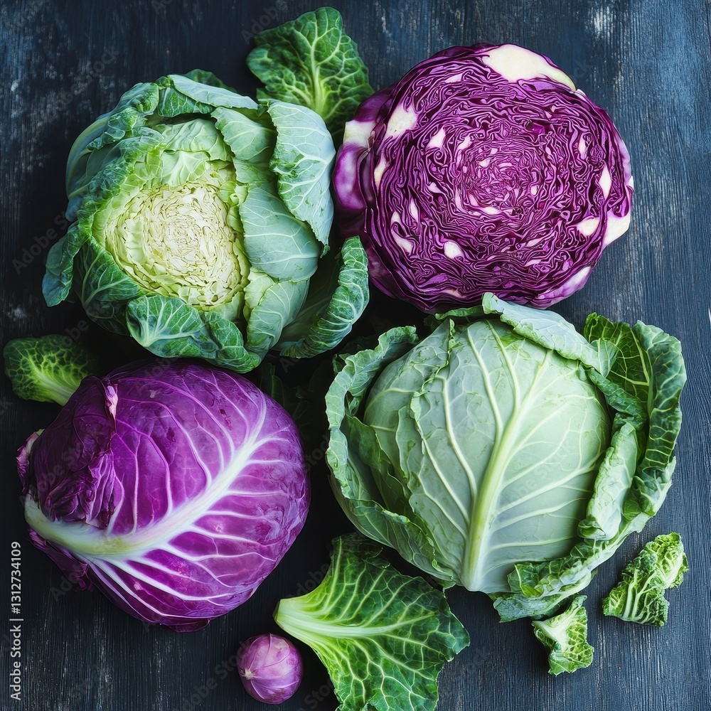 Obraz premium Exploring the variety of cabbages in a vibrant kitchen setting with rich textures and colors celebrating nature's bounty. Generative AI