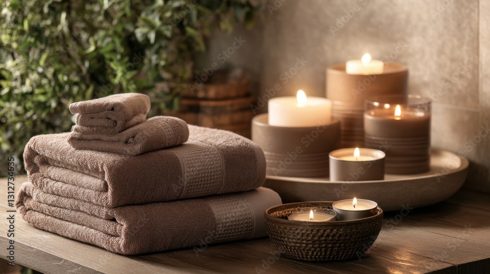 Cozy spa setting with soft towels and lit candles for tranquil relaxation Cozy spa setting with soft towels and lit candles for tranquil relaxation