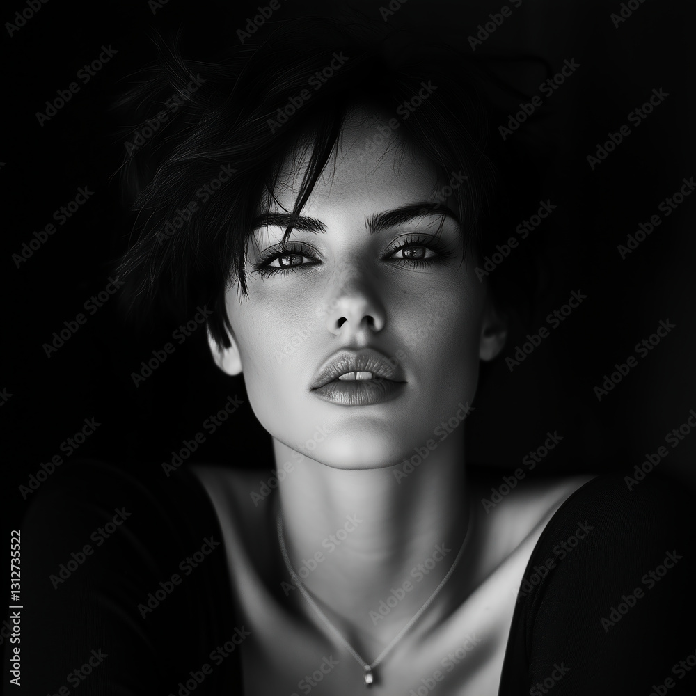 Black and white close-up portrait of a confident woman with intense eyes and soft lighting, emphasizing elegance and sophistication. Black and white close-up portrait of a confident woman with intense eyes and soft lighting, emphasizing elegance and sophistication.