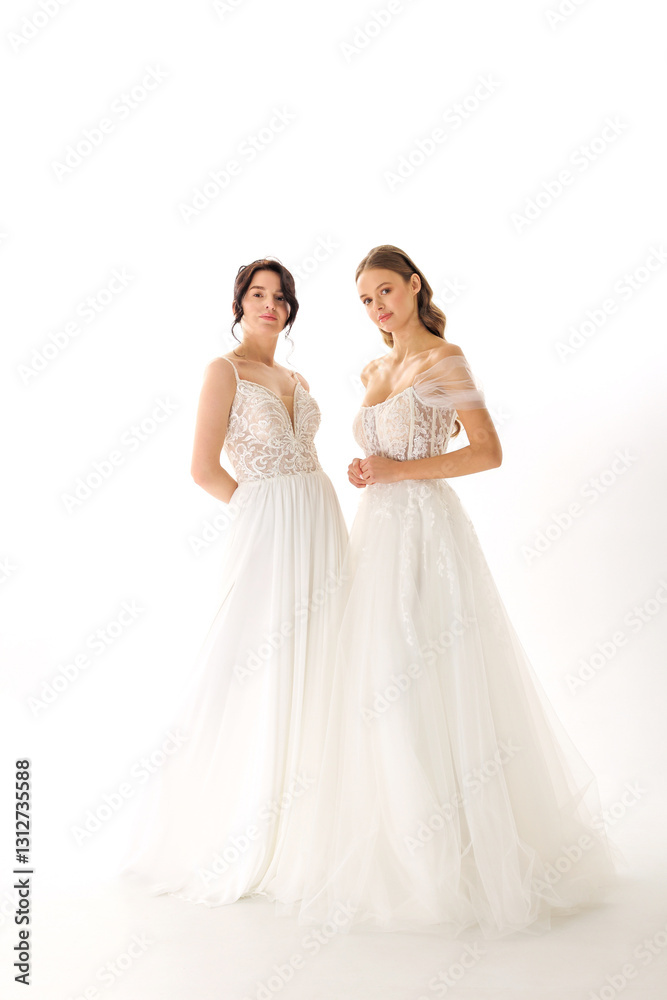 Elegant bridal models showcase stunning wedding dresses in a bright studio setting during a fashion shoot Elegant bridal models showcase stunning wedding dresses in a bright studio setting during a fashion shoot