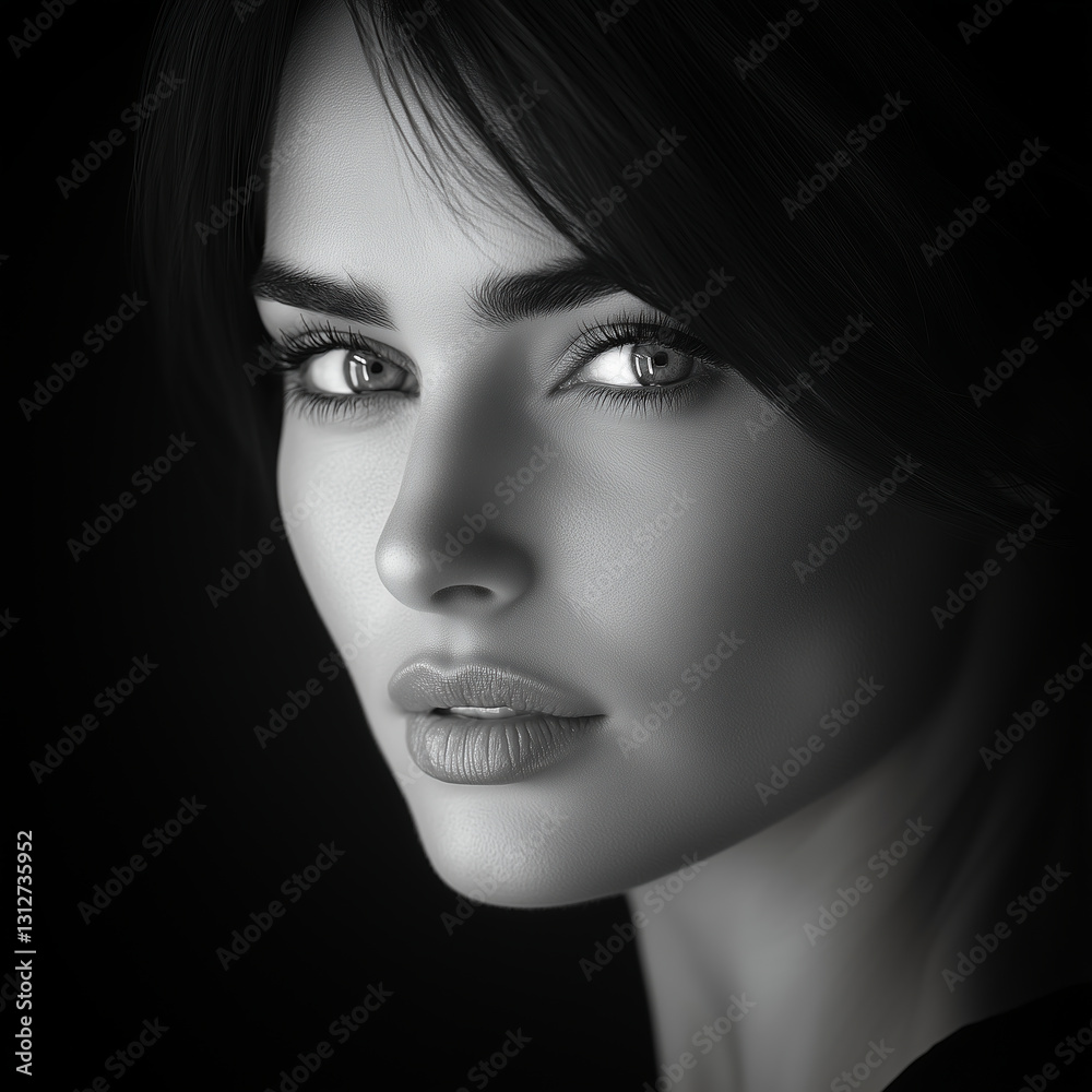 Black and white portrait of a woman with piercing eyes and soft lighting, emphasizing facial contours and an intense, captivating gaze.