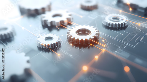 Interconnected Cogwheels Representing Teamwork, Technology, and Innovation on a Circuit Board