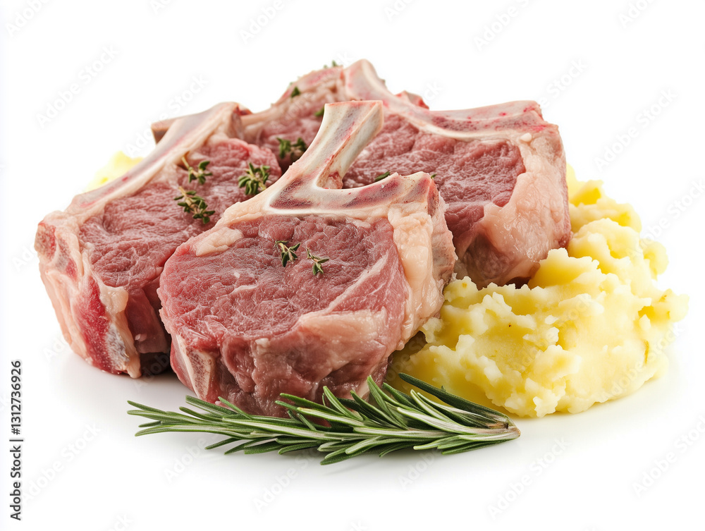 Pork Chops with Mashed Potatoes, photorealistic food, white background Pork Chops with Mashed Potatoes, photorealistic food, white background