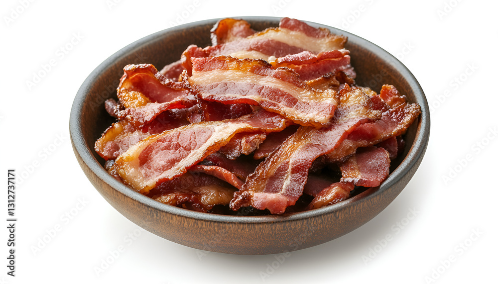 Slices of tasty fried bacon in bowl isolated on white, top view Slices of tasty fried bacon in bowl isolated on white, top view