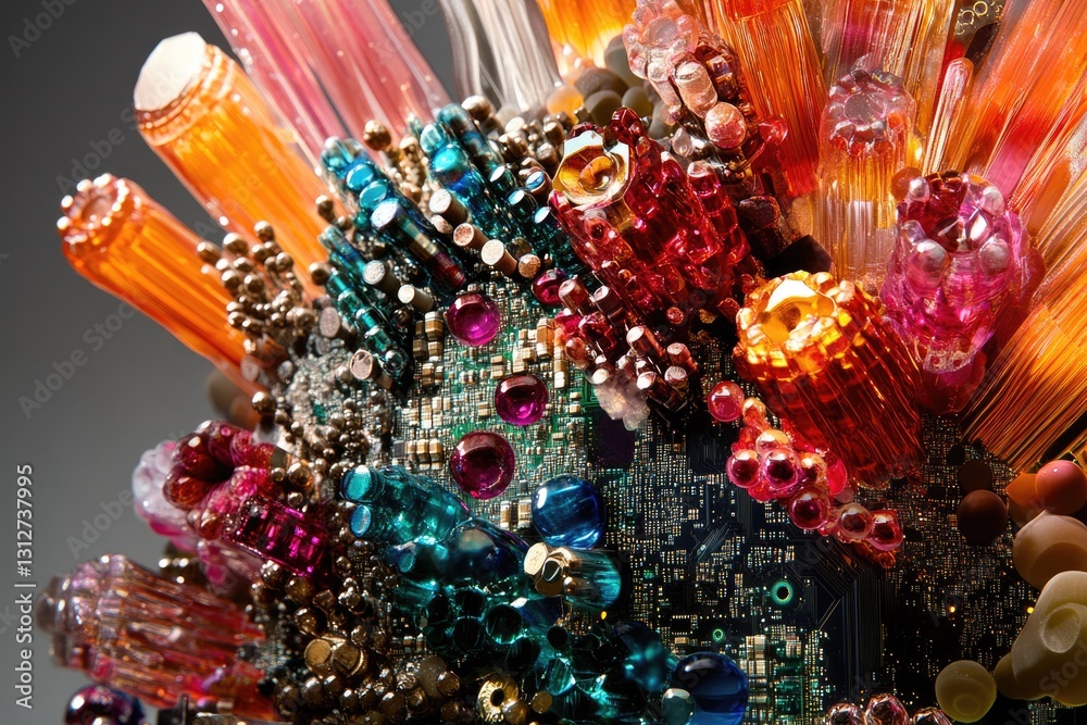 Naklejka premium Vibrant abstract artwork showcasing a circuit board adorned with colorful, jewel-like structures.