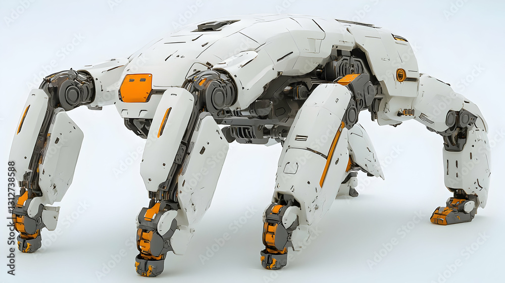 White and Orange Quadruped Robot on White Background White and Orange Quadruped Robot on White Background