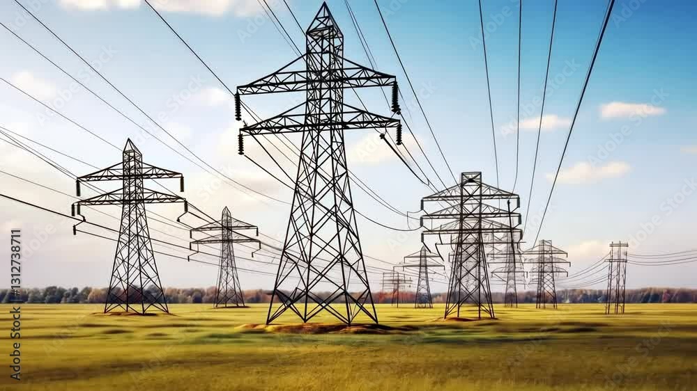 Low-angle video frame of power lines stretching across a vast field, capturing the expanse and symmetry against a clear sky, emphasizing industrial beauty. Low-angle video frame of power lines stretching across a vast field, capturing the expanse and symmetry against a clear sky, emphasizing industrial beauty.