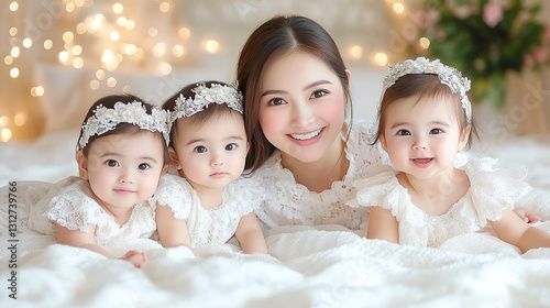 Mother with triplet daughters dressed in white, smiling together in a festive and bright setting. Generated with AI.