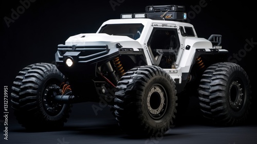 A white, rugged off-road vehicle with large tires and a black gr photo