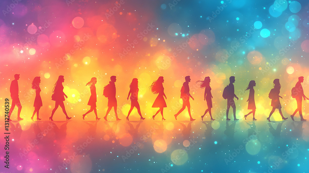 Silhouettes of people walking, colorful bokeh background Silhouettes of people walking, colorful bokeh background