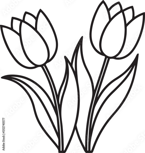 tulips line art, black outline, vector and illustration, coloring book page line art drawing