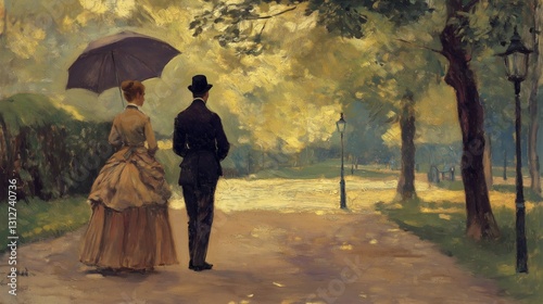 Elegant couple strolling in a sunlit park pathway with an umbrella in serene afternoon light