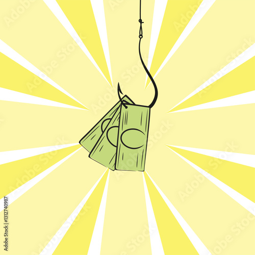 The money is hanging on a fishing hook on a bright background