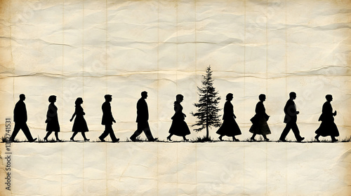 Silhouettes walk in a row, lone tree, vintage paper background