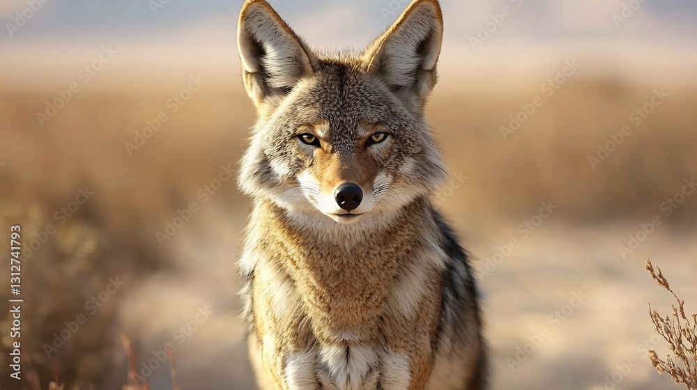 Fototapeta premium Lone coyote staring directly at the camera deep desert background hyper realistic fur details