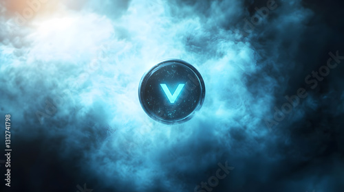 Glowing Neon 'V' Symbol in Mystical Smoke - Futuristic Technology Concept