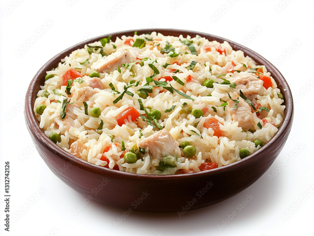 Realistic Chicken and rice casserole, isolated on white, photorealistic food Realistic Chicken and rice casserole, isolated on white, photorealistic food