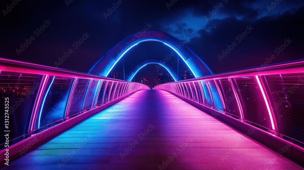 Fototapeta premium Neon Nightscape: A Futuristic Bridge Illuminated