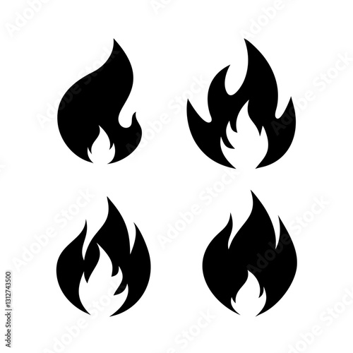 silhouette of four fire icons in black color on the isolated background. This vector illustration can be used for fire-related designs, energy themes and warnings