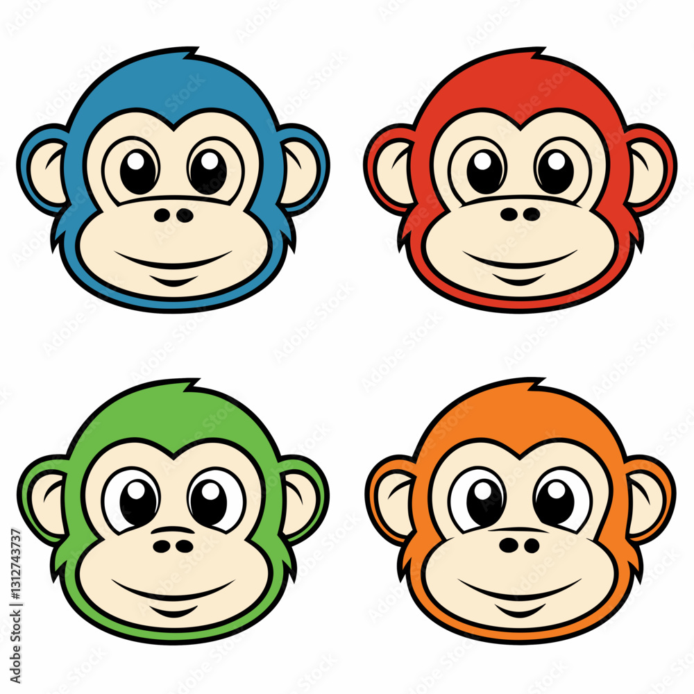 Four colorful monkey mascot faces with friendly expressions, perfect for various design projects vector illustration Four colorful monkey mascot faces with friendly expressions, perfect for various design projects vector illustration