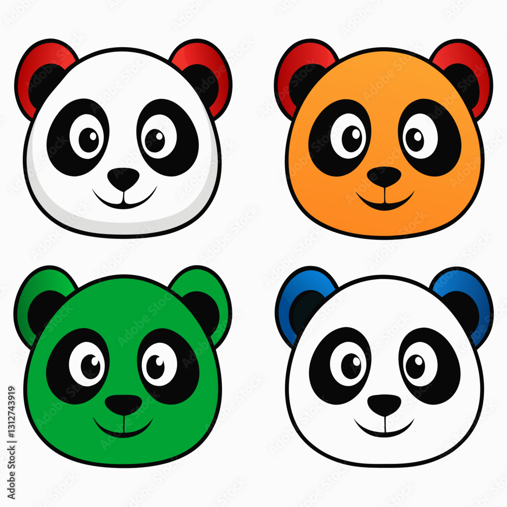 Obraz premium four cute and colorful panda bear mascot faces with expressive features smiling happily, vector illustration