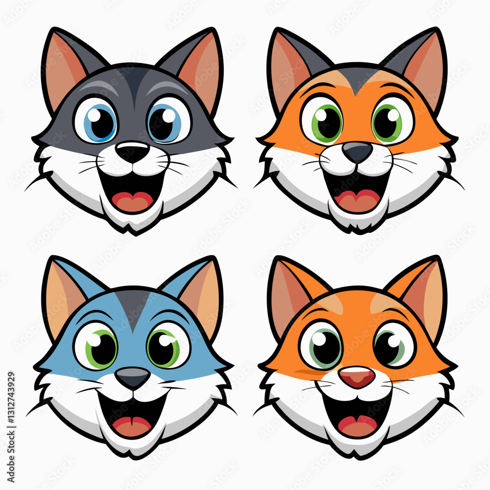 four cartoon cat mascot faces with different colors, each displaying a cheerful expression, vector illustration four cartoon cat mascot faces with different colors, each displaying a cheerful expression, vector illustration