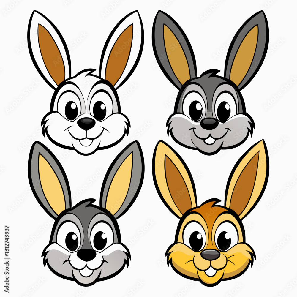 Obraz premium Four adorable cartoon bunny faces with different colors and expressions. They have long ears and cute smiles, perfect for a cheerful design, vector illustration